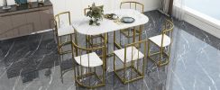 TOPMAX Modern 7-Piece Dining Table Set with Faux Marble Compact 55Inch Kitchen Table Set for 6, Golden+White