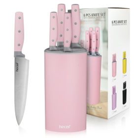 Hecef Kitchen Knife Block Set with Universal Knife Block Holder, High Carbon Stainless Steel Pink Chef Knife Set