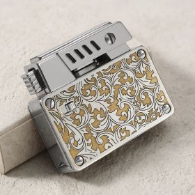 One-click Catapult Double Fire Creative Double-sided Carved Personality Lighter (Option: White Nickel Tang Grass-Gift Box)