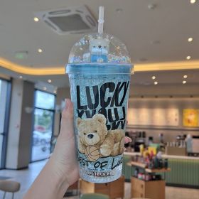 Cartoon Bear Ice Crushing Good-looking Plastic Water Cup Summer Portable (Option: Blue-450ML)