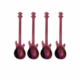 4Pcs Metal Guitar Spoon Flatware Set 18/10 Stainless Steel Guitar Spoons Creative Milk Coffee Spoon Ice Cream Candy Teaspoon (Color: Purple 4 Pcs)